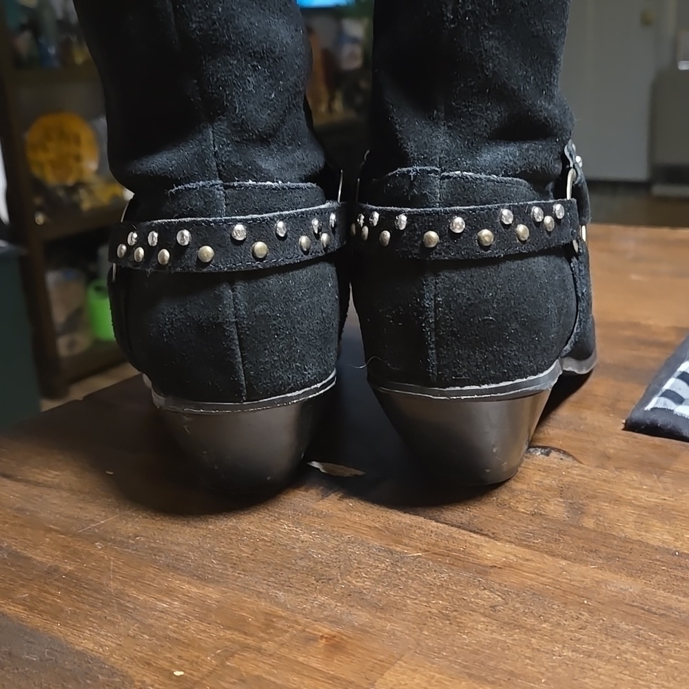Diane Gilman Suede Embellished Harness Boots Suede Black Gold Tone Toe Cap Moto - Picture 7 of 9